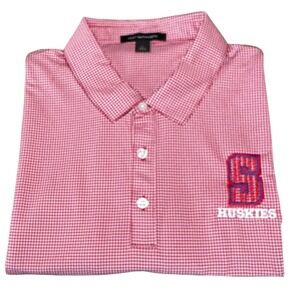 Port Authority Polo Men Large Red White Gingham Huskies Embroidered Stretch Shir